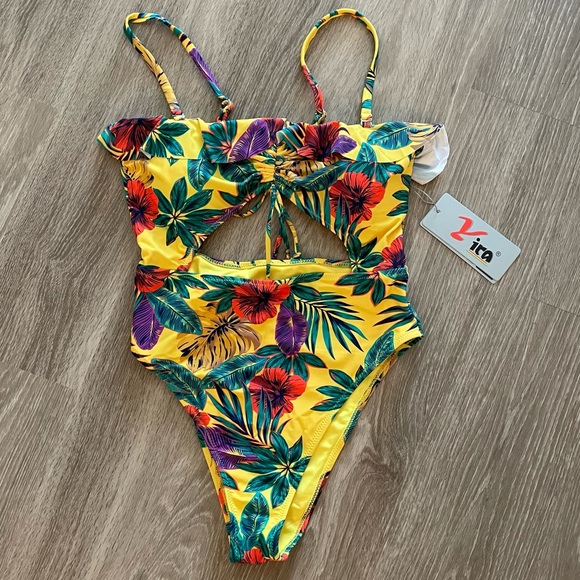Vacation Playdate Floral Yellow Cutout One Piece Swimsuit - Picture 5 of 12